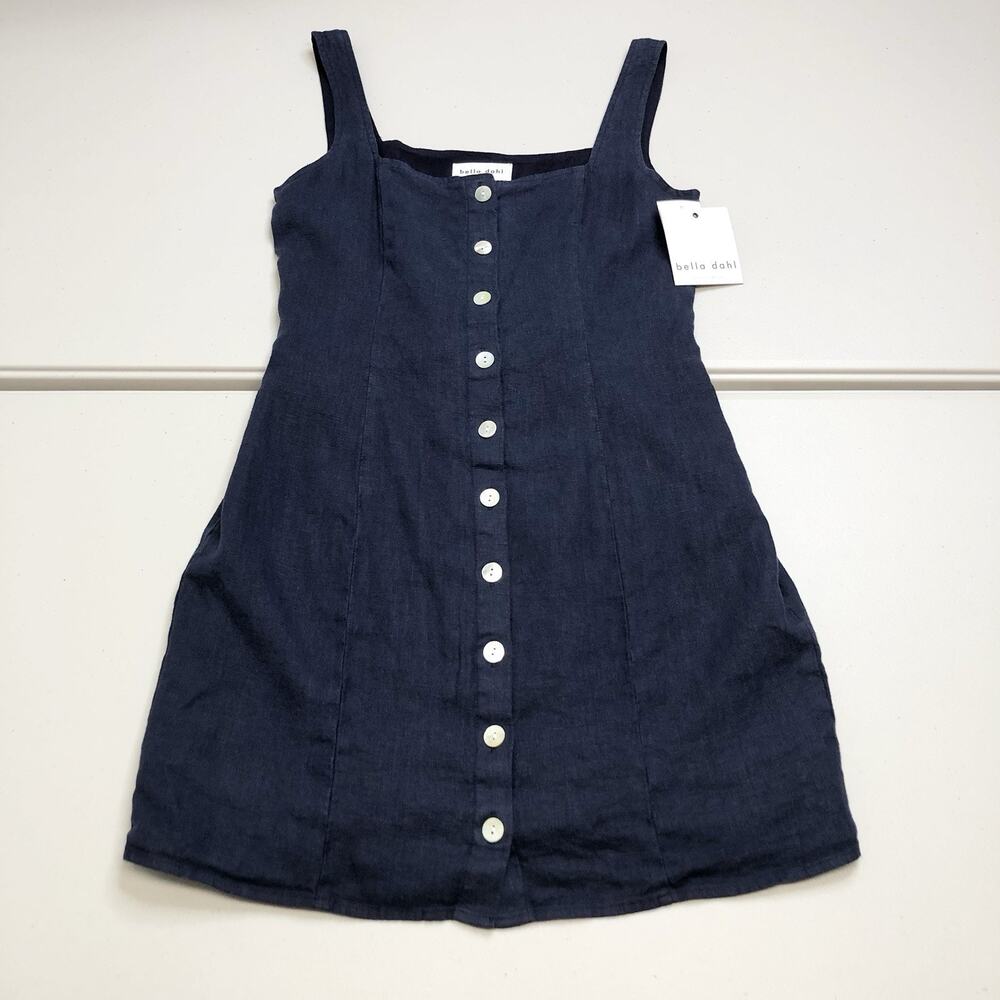 Bella Dahl Square Neck Button Front Mini Dress XS Italian Navy Linen MSRP 194$